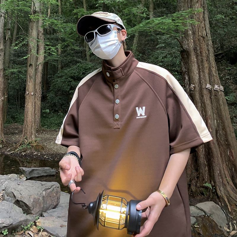 Áo Thun Polo Tay Ngắn Cổ Đứng Phối Màu Tương Phản Phong Cách Retro Mỹ Cho Nam