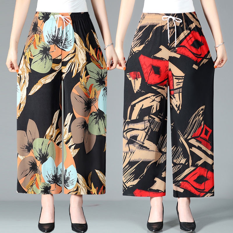 Quần Dài Lưng Cao Ống Rộng Vải Lụa Mát In Hoa Thời Trang Mùa Hè Cho Nữ