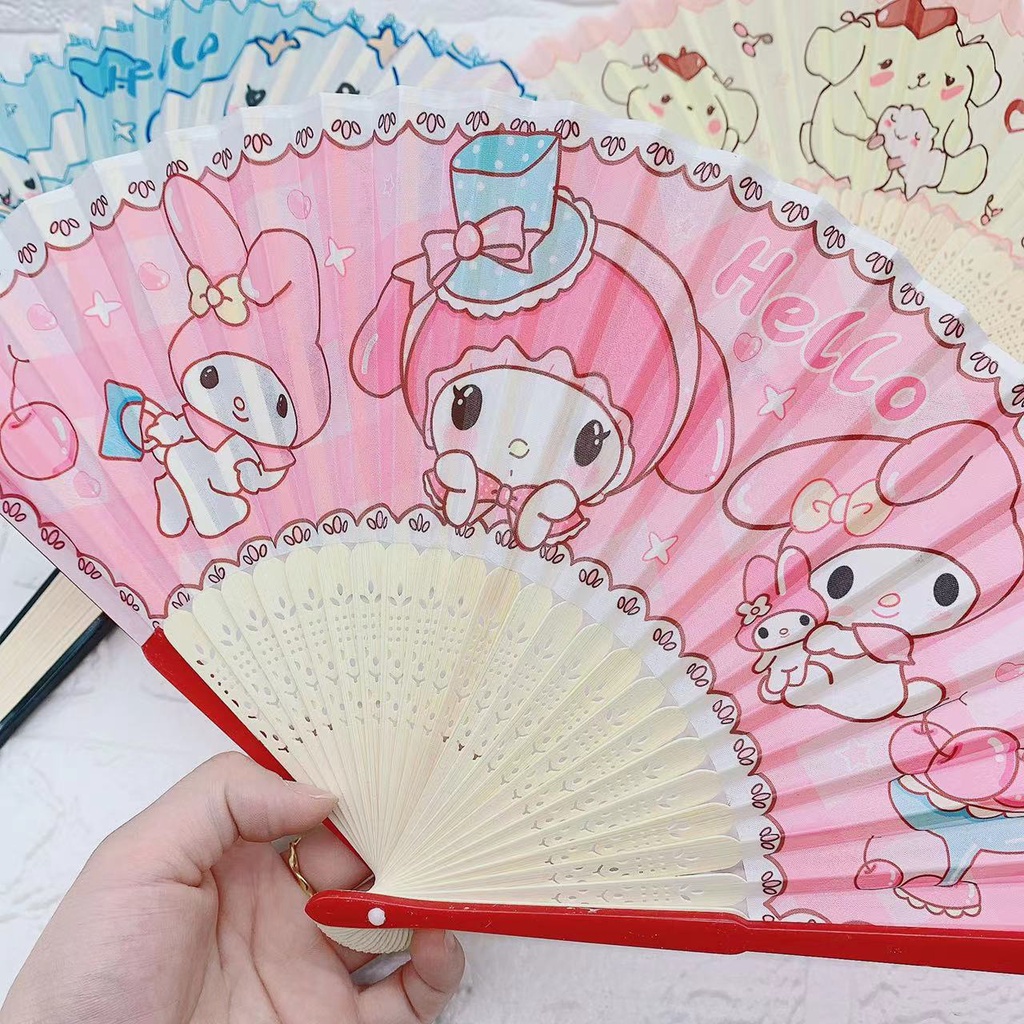 Sanrio Quạt Xếp Cầm Tay Bằng Gỗ Tre Họa Tiết Hoạt Hình Kuromi Melody Dễ Thương