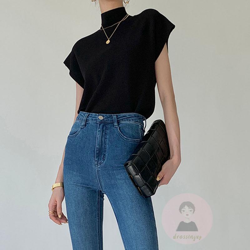 Áo Thun Dệt Kim Sát Nách Cổ Cao Màu Sắc Đơn Giản Thời Trang Mùa Hè Cho Nữ