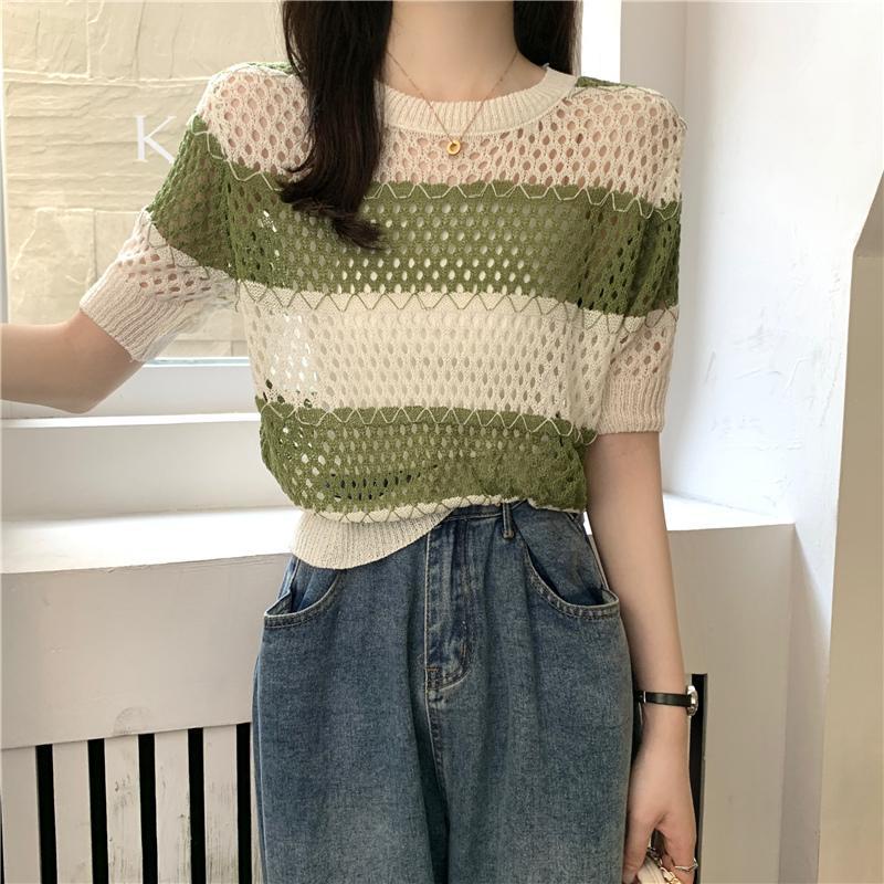 Áo Thun Tay Ngắn Vải Lụa Lạnh Họa Tiết Sọc Trắng Đen Thời Trang Mùa Hè Cho Nữ