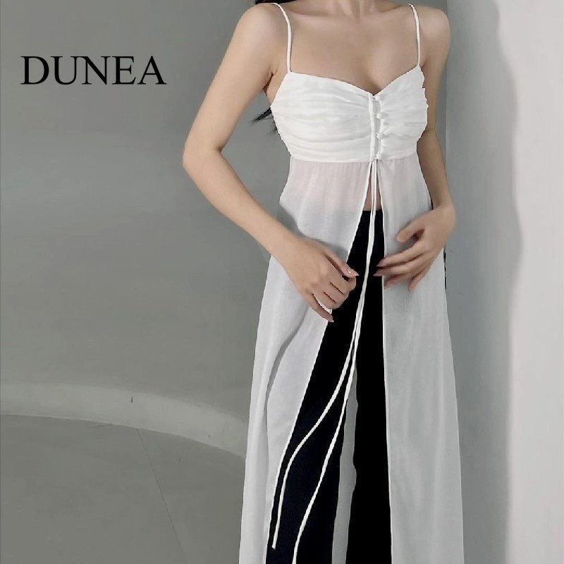 DUNEA Áo Kiểu Sát Nách Cổ Yếm Xếp Ly Xuyên Thấu Thời Trang Mùa Hè Quyến Rũ Cho Nữ