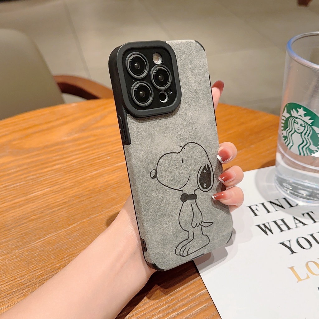 Ốp Điện Thoại Da Mềm Màu Xám In Hình Snoopy Bảo Vệ Ống Kính Cho Iphone 11 Pro Max 12 13promax 14 XS XSMAX 7P 8P