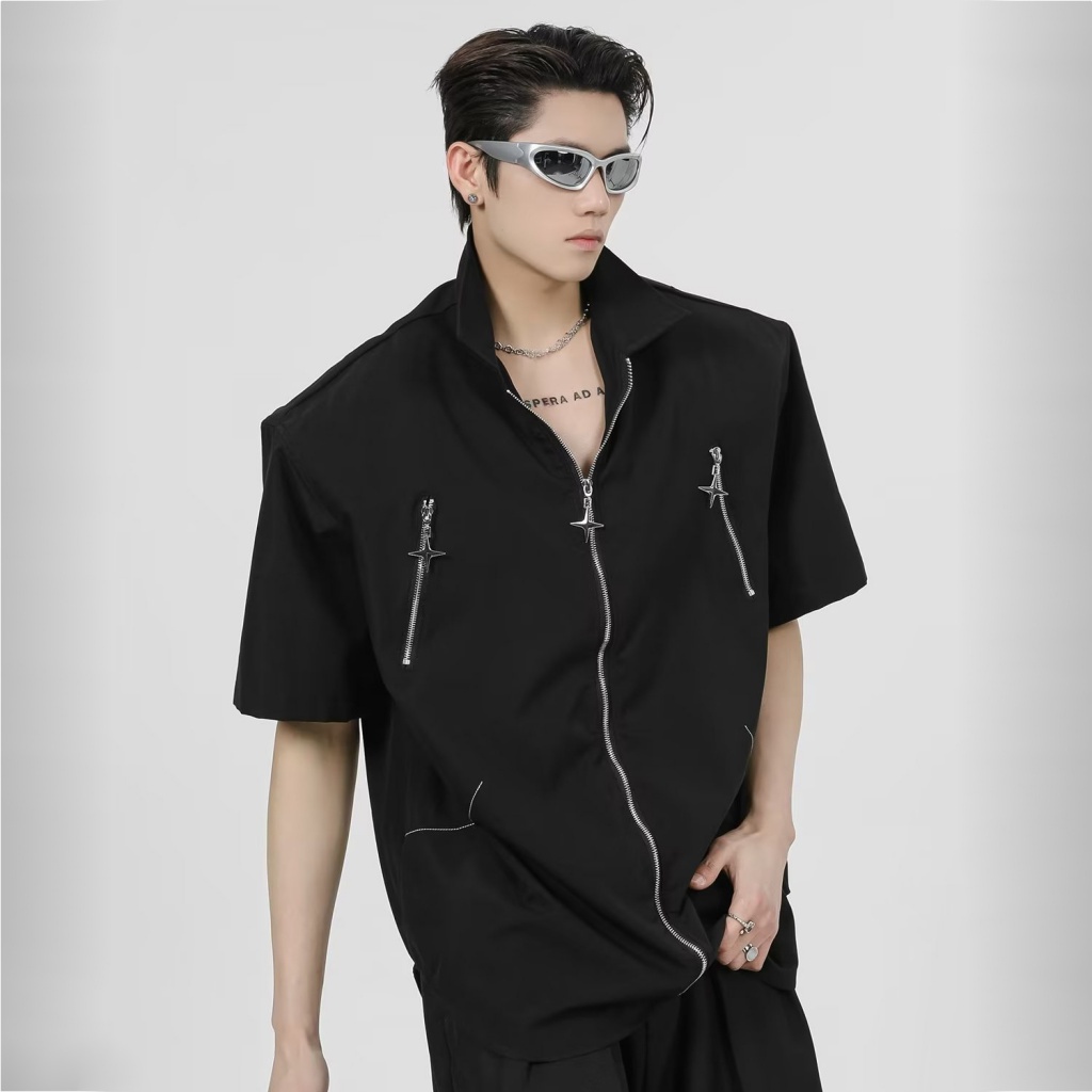 Áo Sơ Mi Tay Ngắn Dáng Rộng Phong Cách Hip Hop Cá Tính Cho Nam