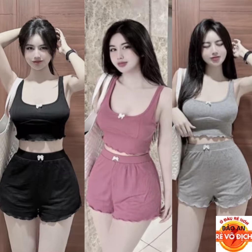 Sét bộ nữ 2 món áo dây croptop ôm body kèm quần đùi lưng thun phối nơ xinh chất vải thun gân len 4 chiều FreeSize