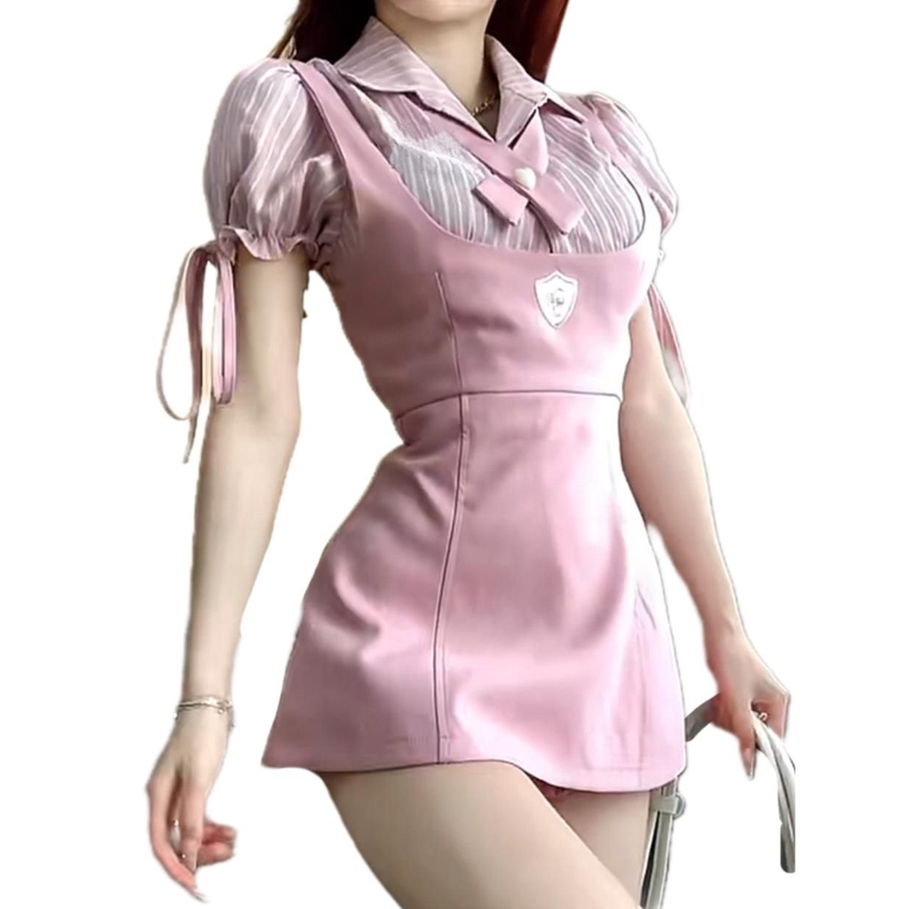 Bộ Áo Sơ Mi Kẻ Sọc Ngắn Tay + Đầm Hai Dây In Hình Bánh Quy / Quả Mọng Phong Cách Preppy Mù