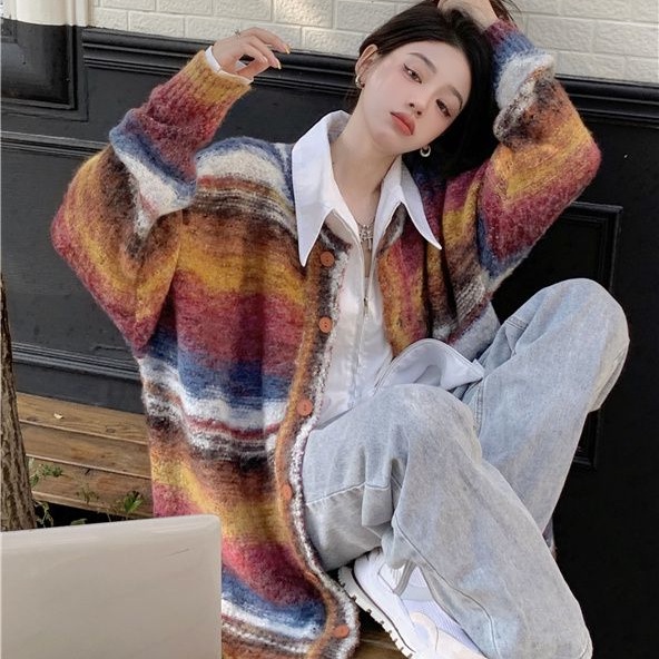 Áo Khoác Cardigan Dệt Kim Cổ Chữ V Dáng Rộng Hoạ Tiết Kẻ Sọc Nhiều Màu Sắc Phong