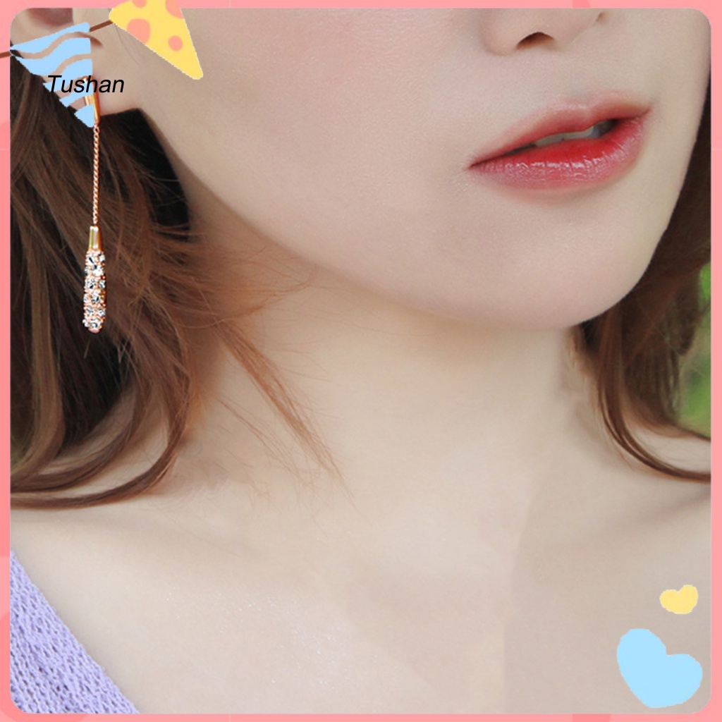 1 Đôi Bông Tai Dài Hình Cột Đính Đá Sáng Bóng Dành Cho Nữ
