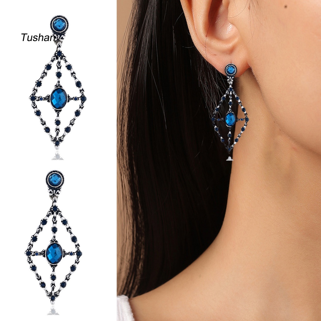 1 Đôi Bông Tai Hình Thoi Đính Đá Phong Cách Vintage Dành Cho Nữ