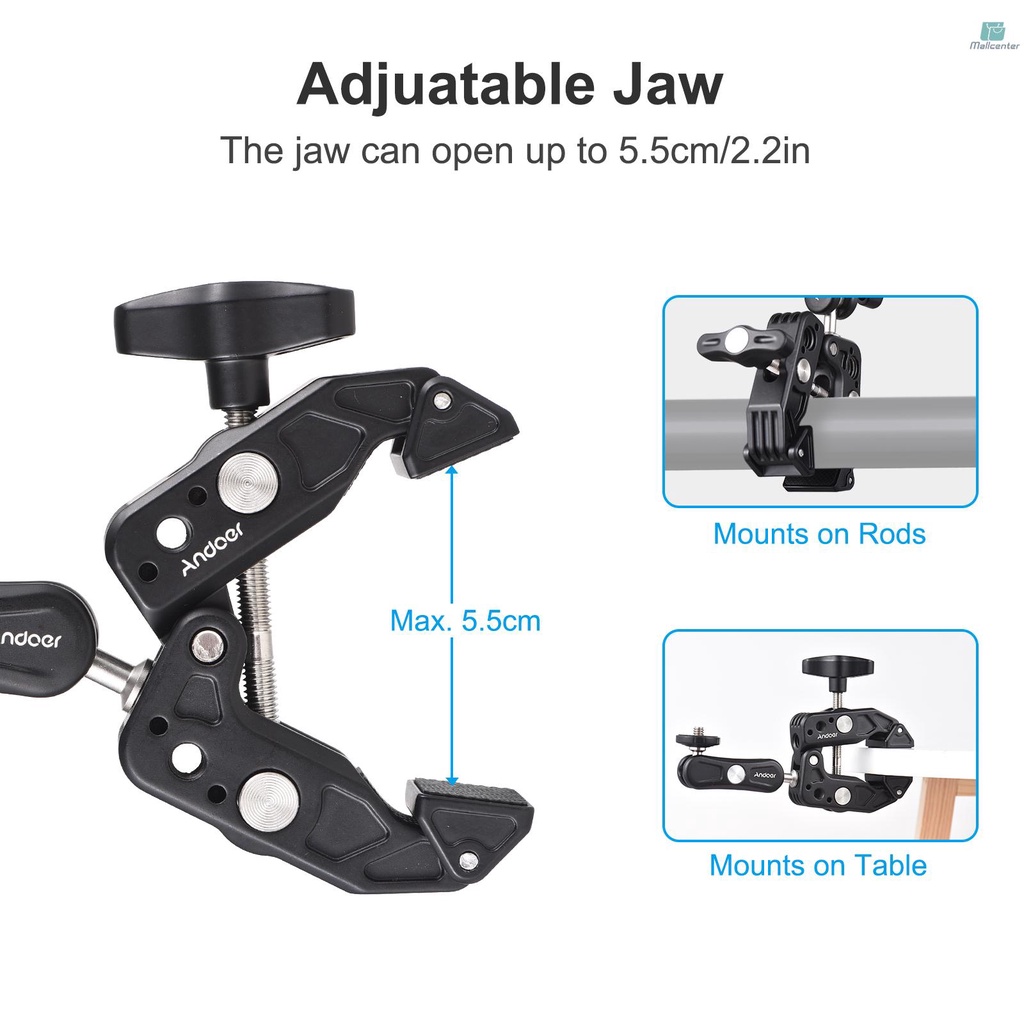 Andoer Super Clamp Mount Camera Mount Flexible Monitor Mount with Dual 360° Rotatable Ball Head 1/4 Inch &amp; 3/8 Inch Threads Replacement for   11/10/9/8 DSLR Cameras Smartphone