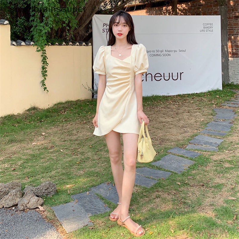 Đầm Mini Cổ Vuông Tay Phồng Xếp Ly Màu Trơn Thời Trang Mùa Hè Xinh Xắn Cho Nữ