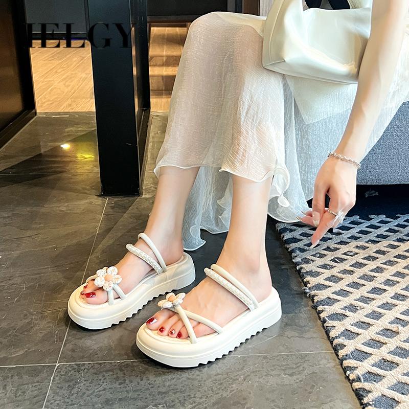 Dép Sandal Hai Quai Đính Hoa Phong Cách Hàn Quốc Thời Trang Cho Nữ