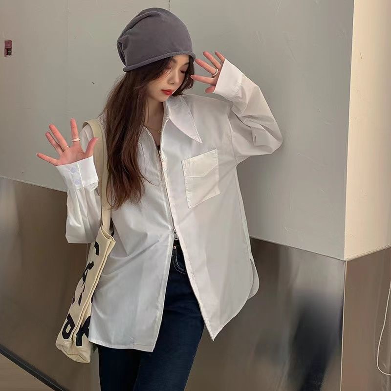 Áo Sơ Mi Tay Dài Có Khóa Kéo Dáng Rộng Thời Trang Mùa Thu Cho Nữ