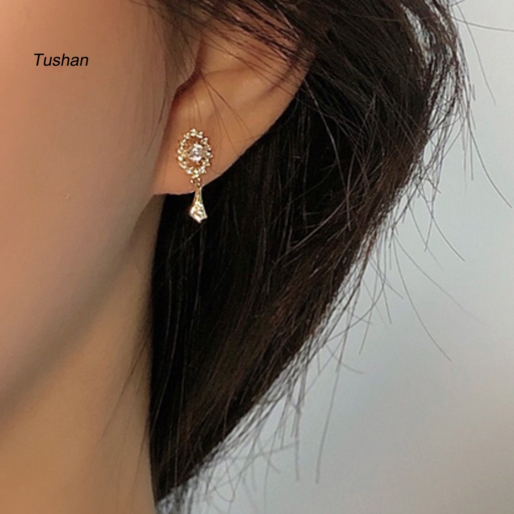 1 Đôi Bông Tai Hình Oval Đính Đá Zircon Thời Trang Dành Cho Nữ