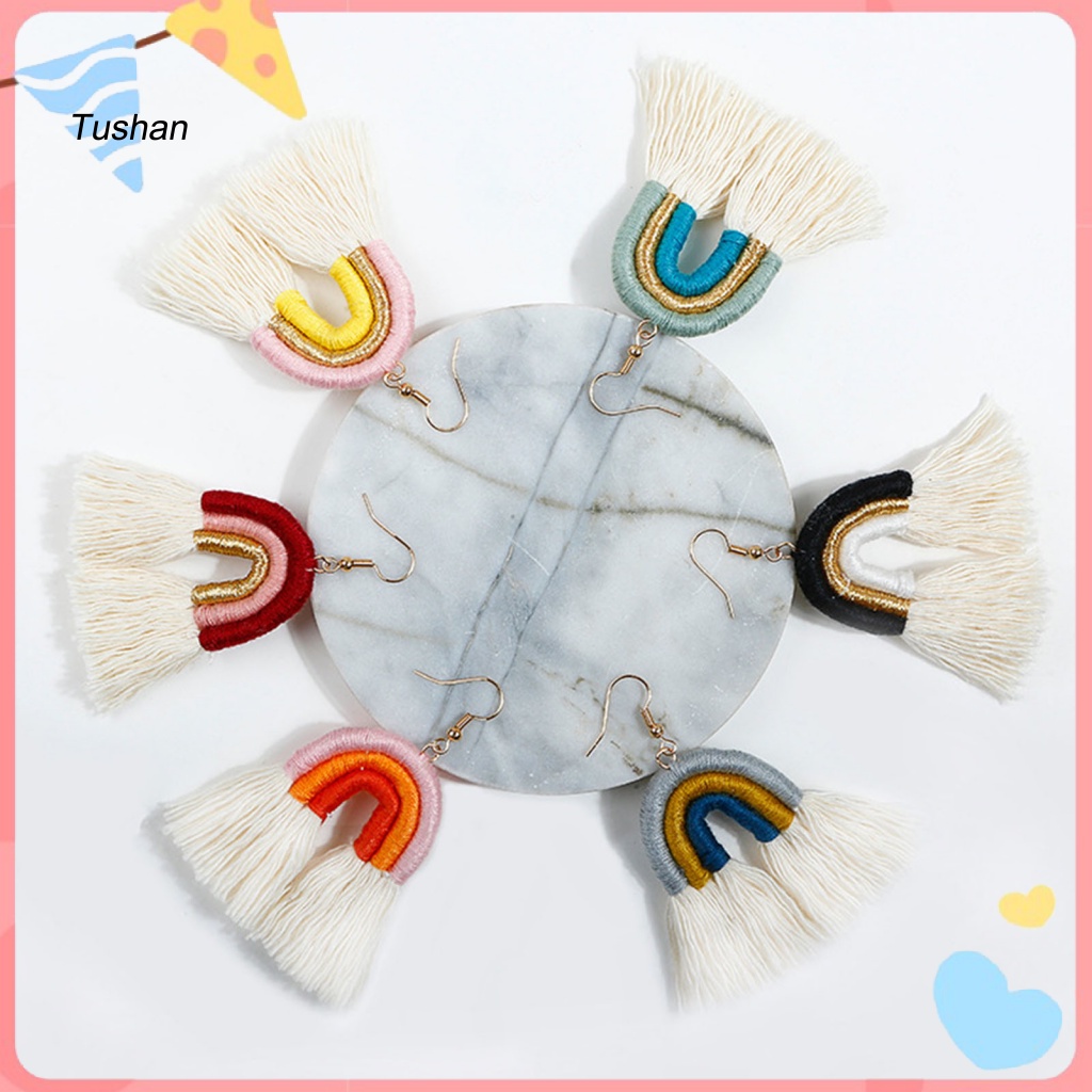 1 Đôi Bông Tai Tua Rua Nhiều Lớp Màu Sắc Cầu Vồng Phong Cách Bohemian