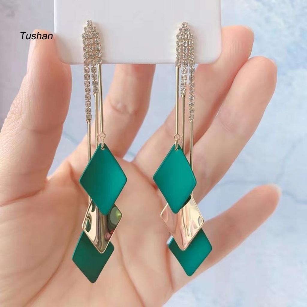 1 Đôi Bông Tai Hình Học Tua Rua Đính Đá Thời Trang Dành Cho Nữ