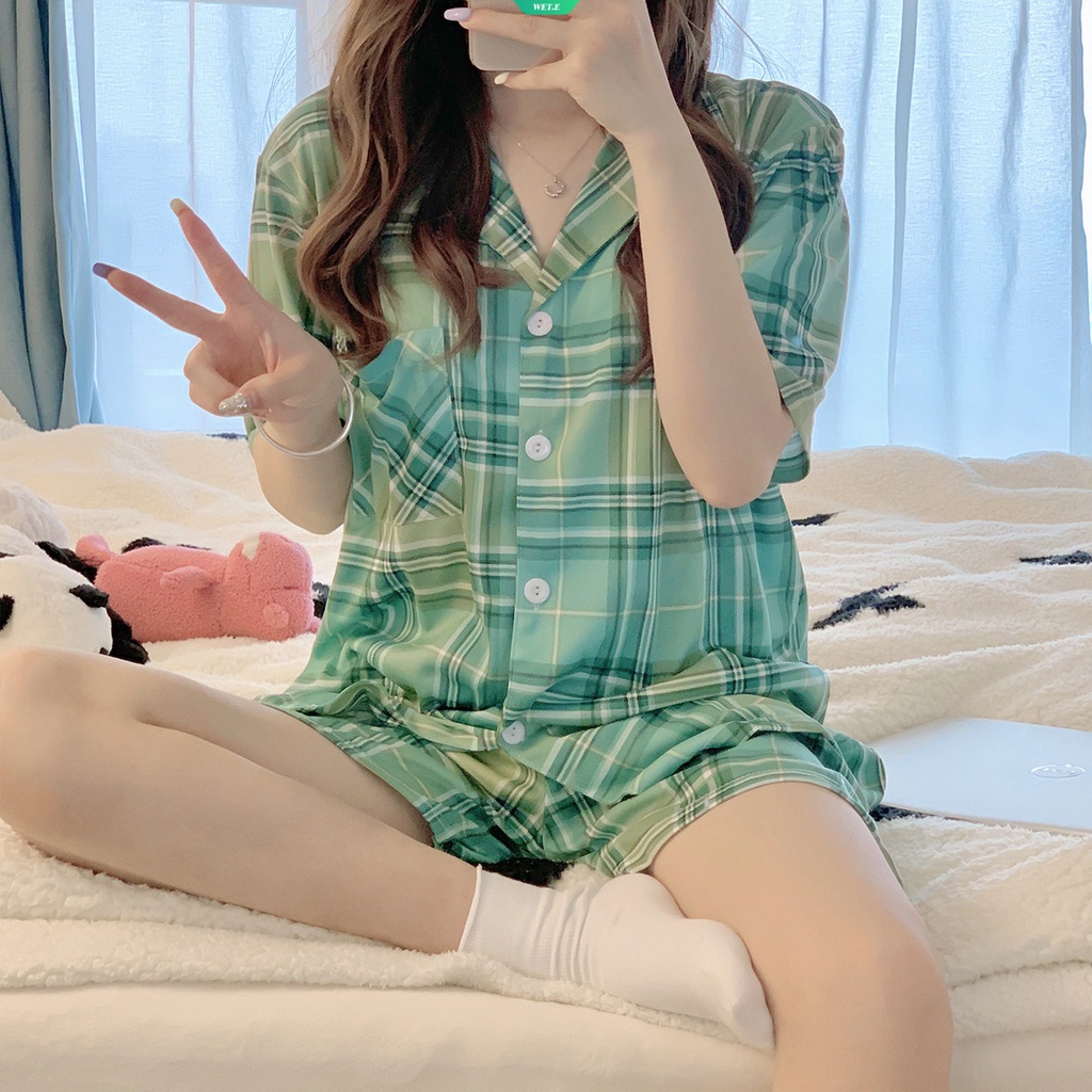 Bộ Đồ Ngủ Áo Tay Ngắn Phối Quần Short Họa Tiết Kẻ Sọc Thời Trang Mùa Hè 2023 Phong Cách Nhật Bản Cho Nữ