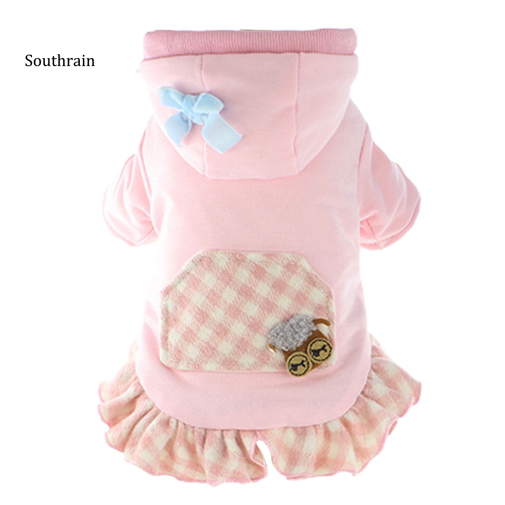 Đầm Hoodie Giữ Ấm Họa Tiết Sọc Caro Trang Trí Nơ Xinh Xắn Cho Thú Cưng