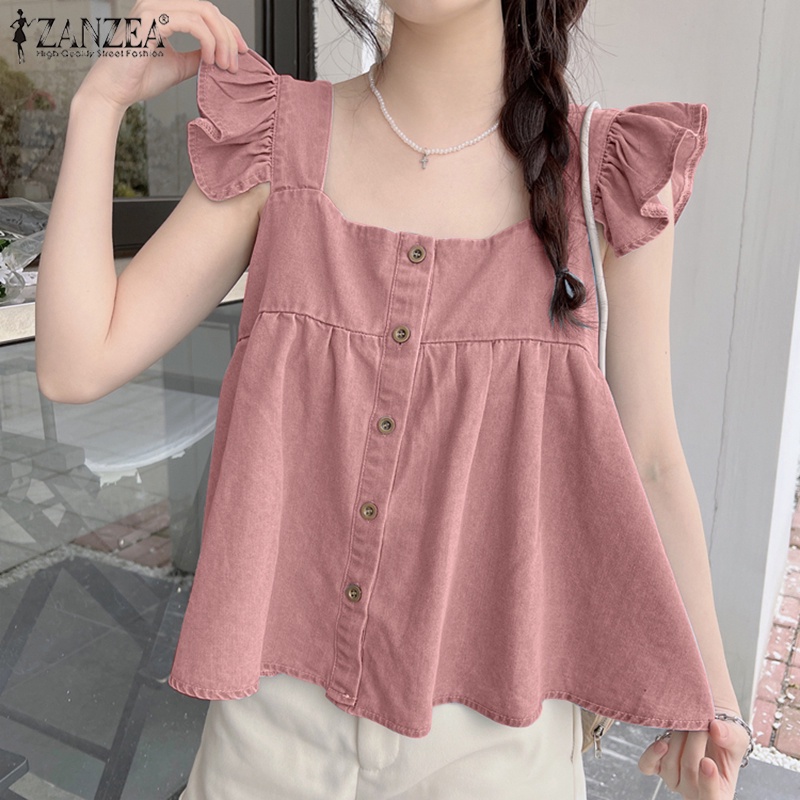 Áo denim ZANZEA không tay cổ vuông thời trang cho nữ