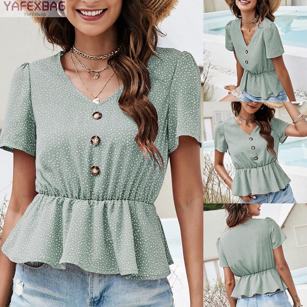 Áo Kiểu Tay Ngắn Cổ Chữ V Hoạ Tiết Chấm Bi Phối Nút Thiết Kế Cổ Chữ V Thanh Lịch