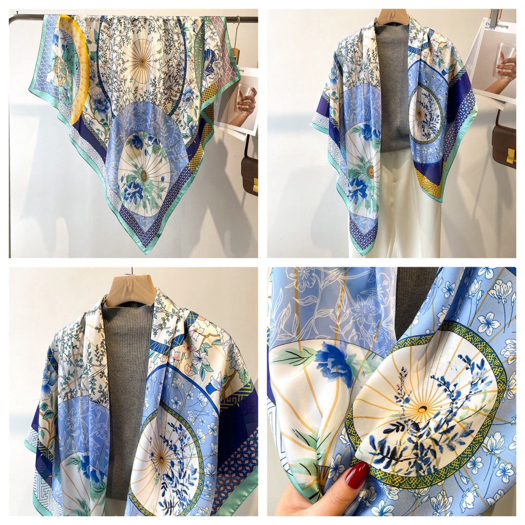 Khăn Choàng Lụa Satin Vuông 110cm In Họa Tiết Hoa / Xương Cá Kiểu Retro Dễ Phối Đồ Cho Nữ