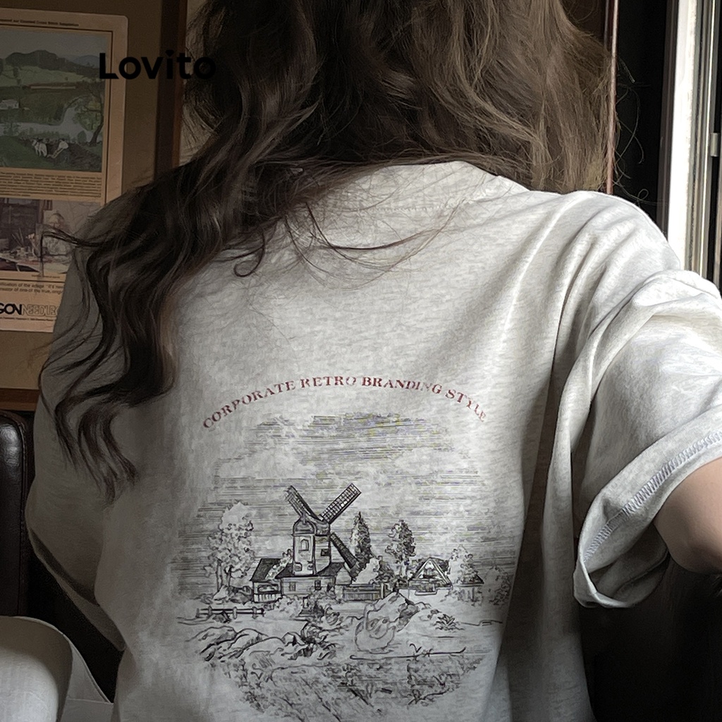 Lovito Áo thun oversized cổ tròn chữ thường cho nữ LNA12081 (Xám nhạt)