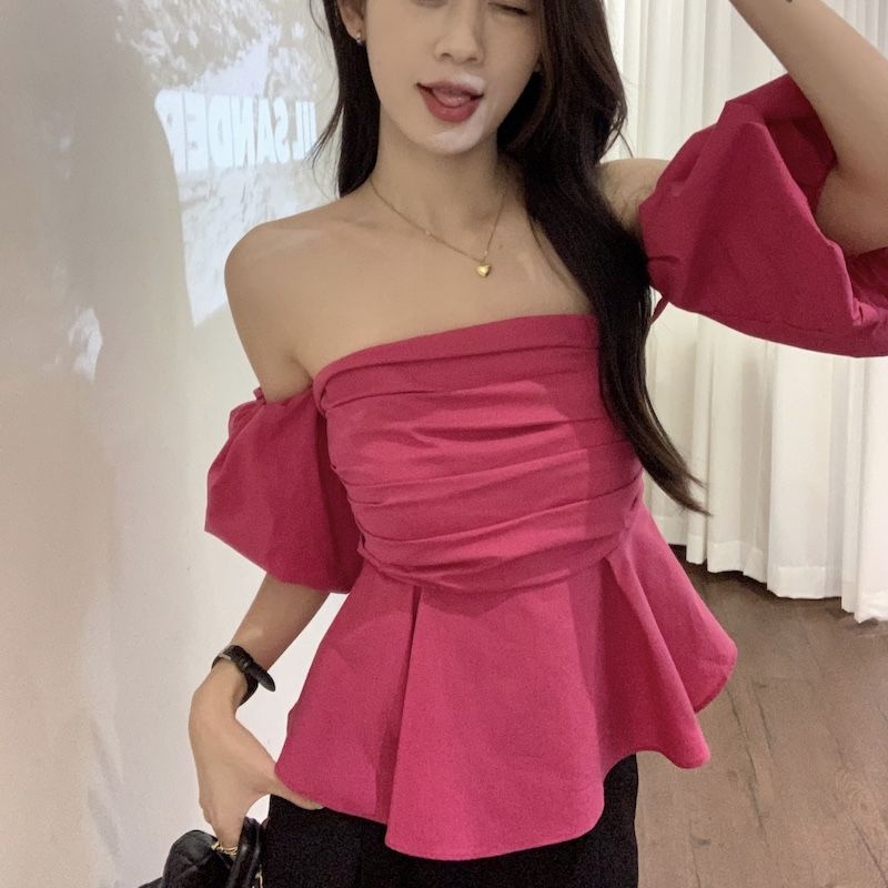 Cozok Áo Sơ Mi Tay Phồng Ngắn Xếp Ly Một Bên Vai Ôm Dáng Kiểu Vintage