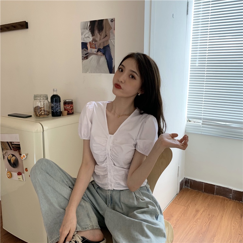 SUXI Áo Kiểu Tay Phồng Cổ Chữ V Màu Sắc Đơn Giản Phong Cách Hàn Quốc