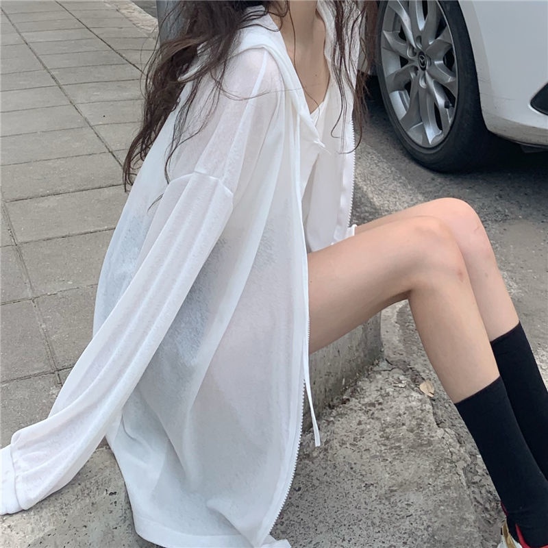 Áo Khoác Chống Nắng Tay Dài Có Mũ Trùm Dáng Rộng Thiết Kế Mỏng Thời Trang Mùa
