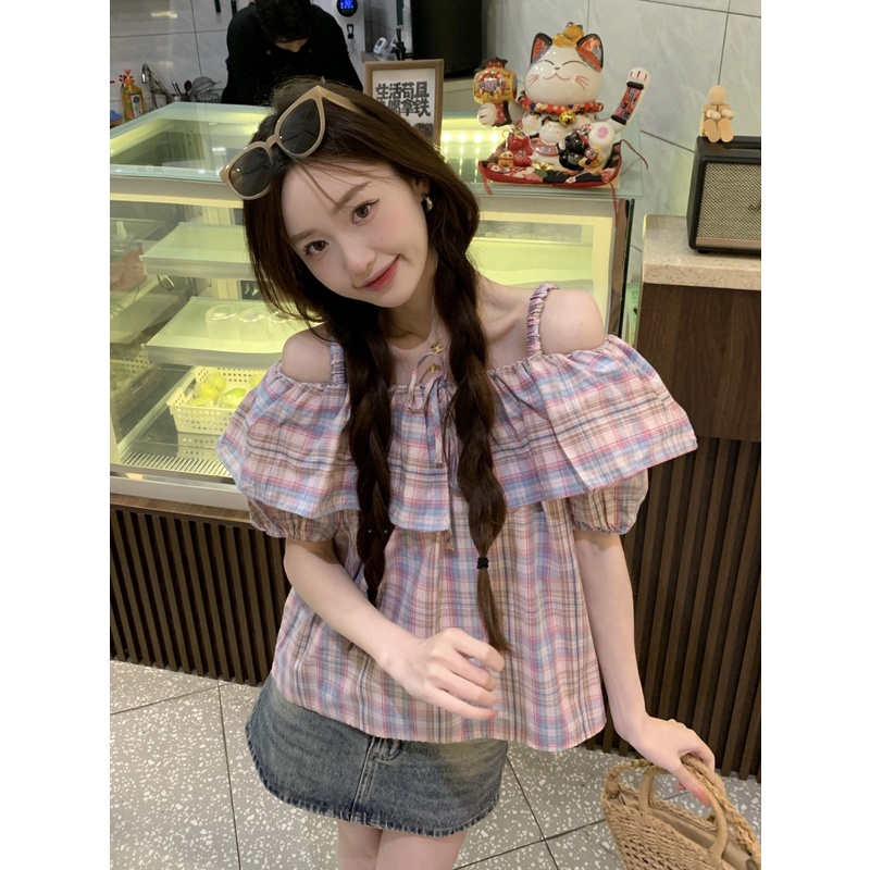 Áo Sơ Mi Tay Ngắn Phồng Trễ Vai Họa Tiết Sọc Caro Thiết Kế Mới Thời Trang Mùa Hè Theo Phong