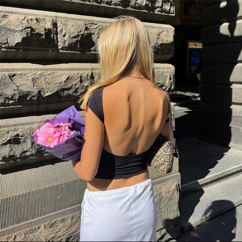 Áo Thun Cổ Tròn Hở Lưng Màu Trơn Thời Trang Cho Nữ