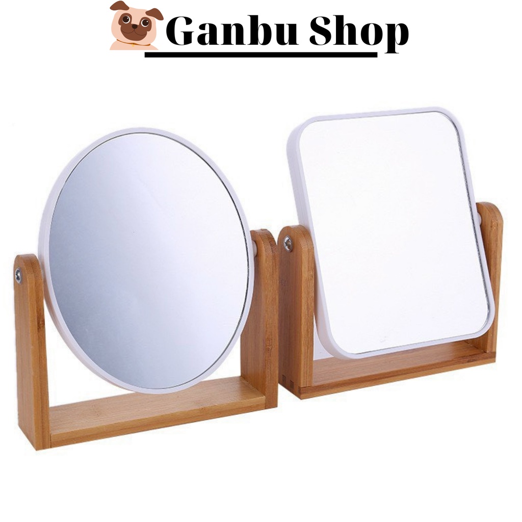 Gương Trang Điểm Để Bàn Đế Gỗ 2 Mặt Thường &amp; Phóng Đại Thiết Kế Gọn Nhẹ