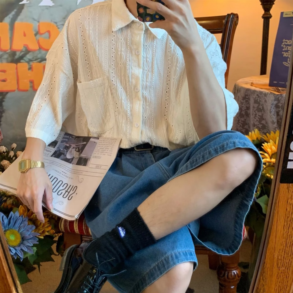 Áo Sơ Mi Tay Ngắn Cổ Vuông Màu Trơn Phong Cách Hàn Quốc Thời Trang Mùa Hè Cho Nam