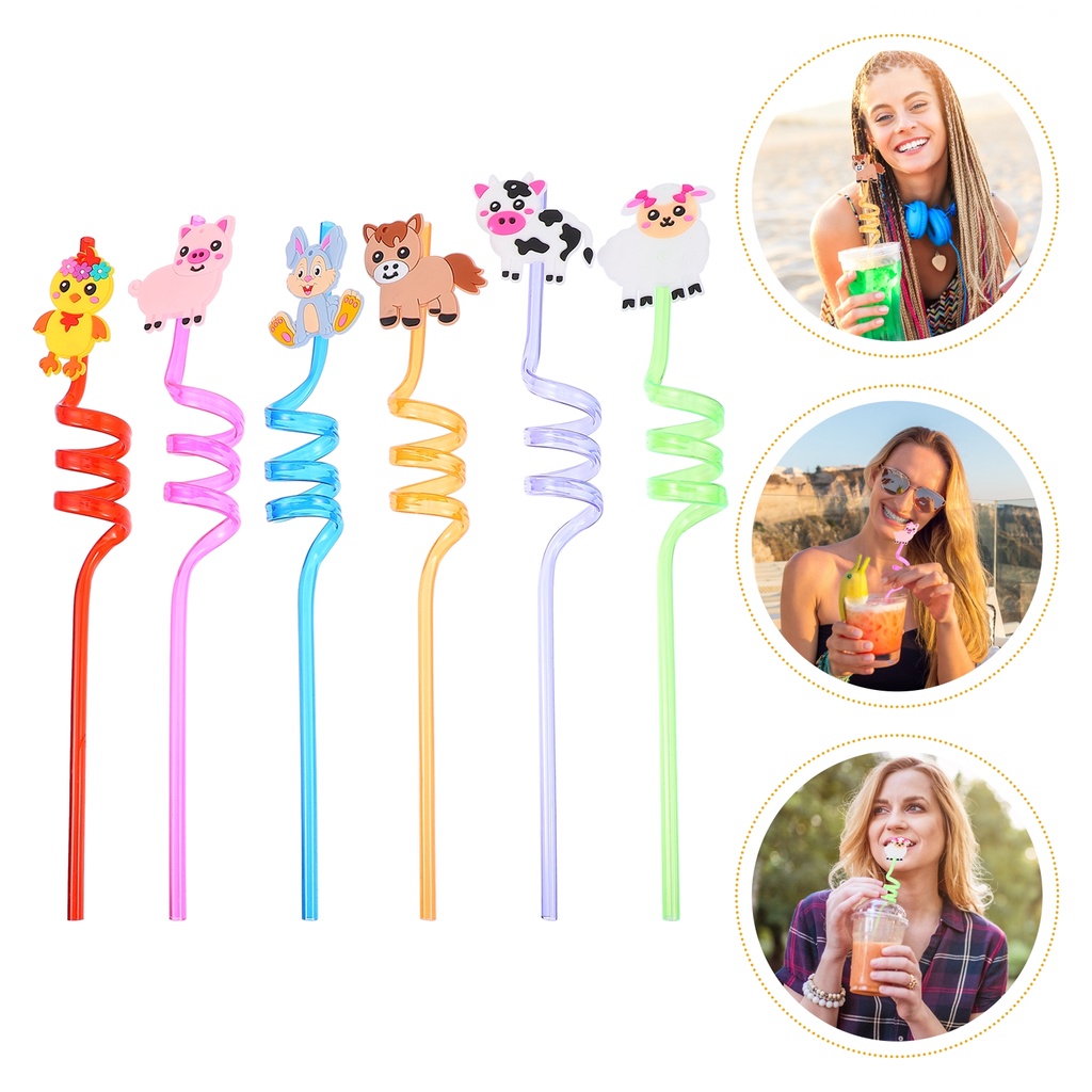 Set 6 Ống Hút Nhựa Hình Động Vật Đáng Yêu Cho Bé