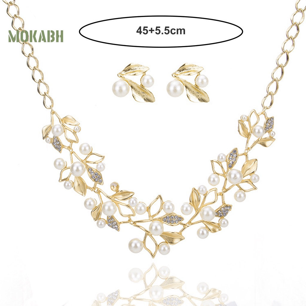 1 Bộ Vòng cổ + Bông Tai Hình Chiếc Lá Đính Đá &amp; Ngọc Trai Giả Sang Trọng