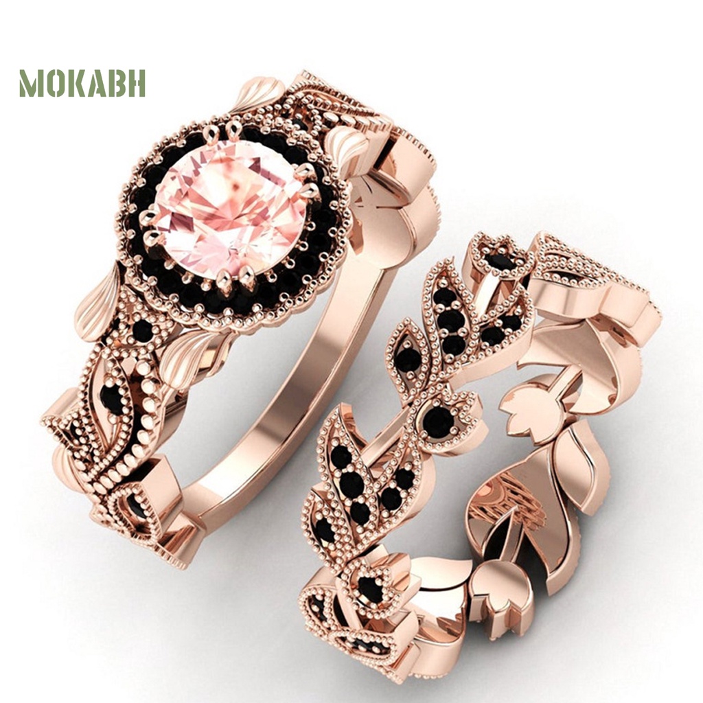 Set 2 Nhẫn Họa Tiết Hoa Lá Đính Đá Lấp Lánh Thời Trang Cho Nữ