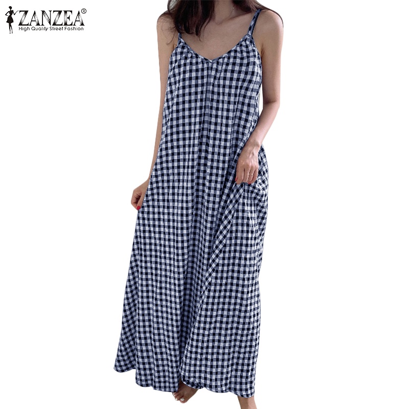 Zanzea Đầm không tay Cổ Chữ V Họa Tiết Caro Thời Trang