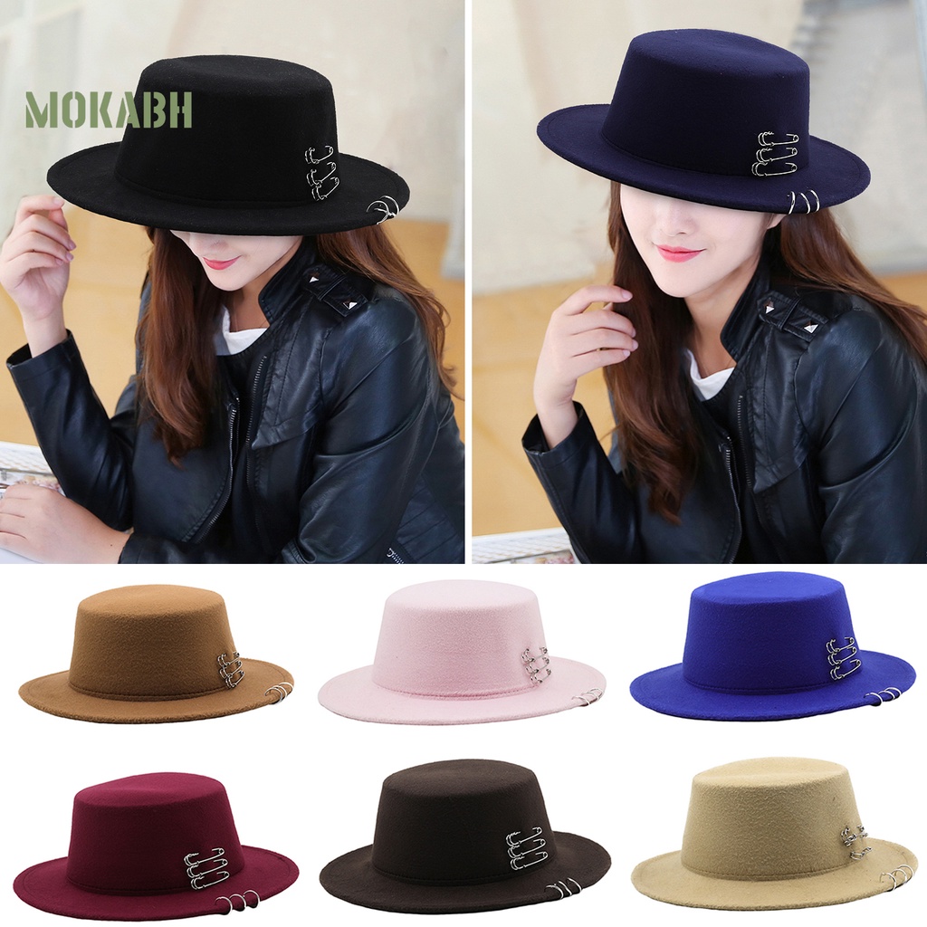 [Mok Abh] Mũ Fedora Len Chống Nắng Vành Phẳng Màu Trơn Cổ Điển Trang Trí Cho Nam Và Nữ