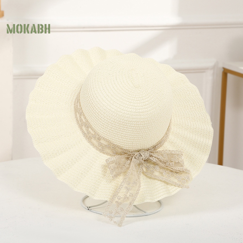 [Mok Abh] Mũ Rơm Rộng Vành Chống Nắng Thắt Nơ Thủ Công Kiểu Cổ Điển Bảo Vệ Xếp Ly Đi Biển Du Lịch Cho Nữ
