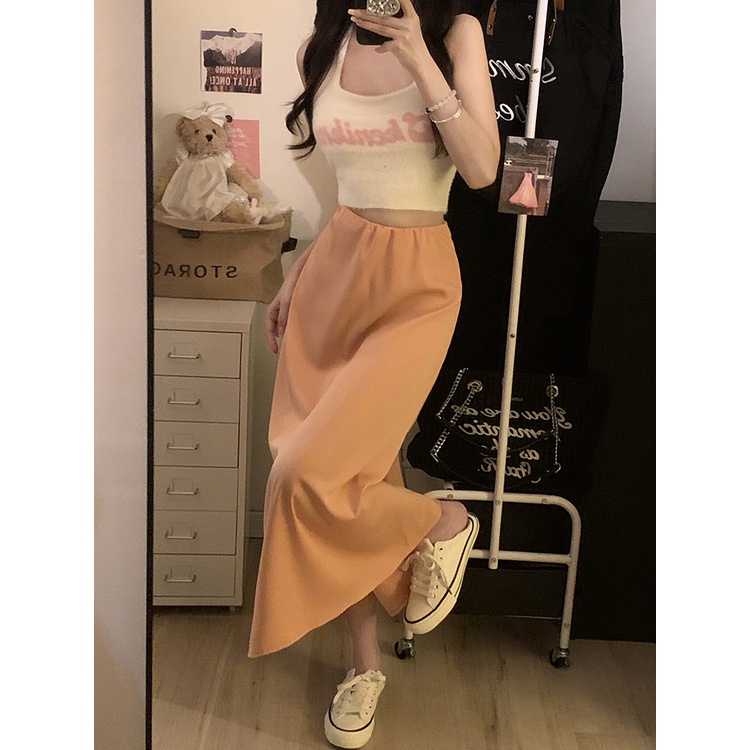 Chân Váy Chữ A Lưng Cao Vải Satin Màu Trơn Thiết Kế Mới Thời Trang Mùa Hè Dành