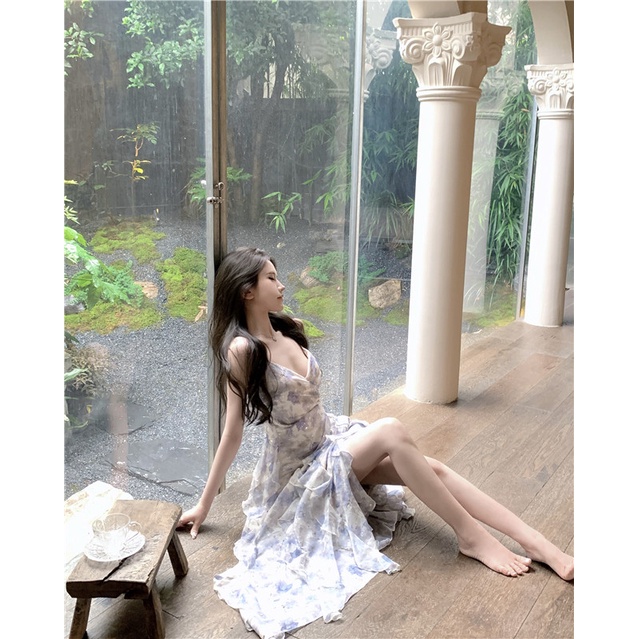 Đầm Voan Hoa Hai Dây Cổ Chữ V Thời Trang Mùa Hè Dành Cho Nữ