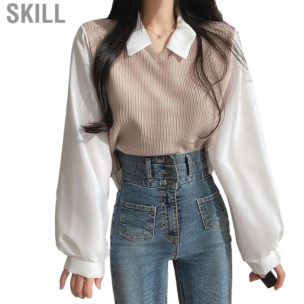 Skill Shirt Top  Exquisite Breathable Simple Long Sleeve Women Fake Two Piece for Date Office