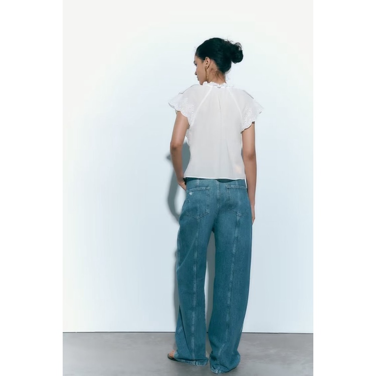 Zara Áo Sơ Mi Trắng Cổ V Phối Bèo Thêu Họa Tiết Xinh Xắn Thời Trang Mùa Hè Cho Nữ 3564104