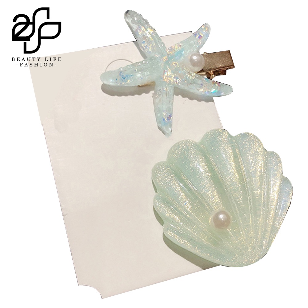 Bộ 2 Kẹp Tóc Hình Sao Biển / Vỏ Sò Đính Ngọc Trai Giả Xinh Xắn Cho Nữ