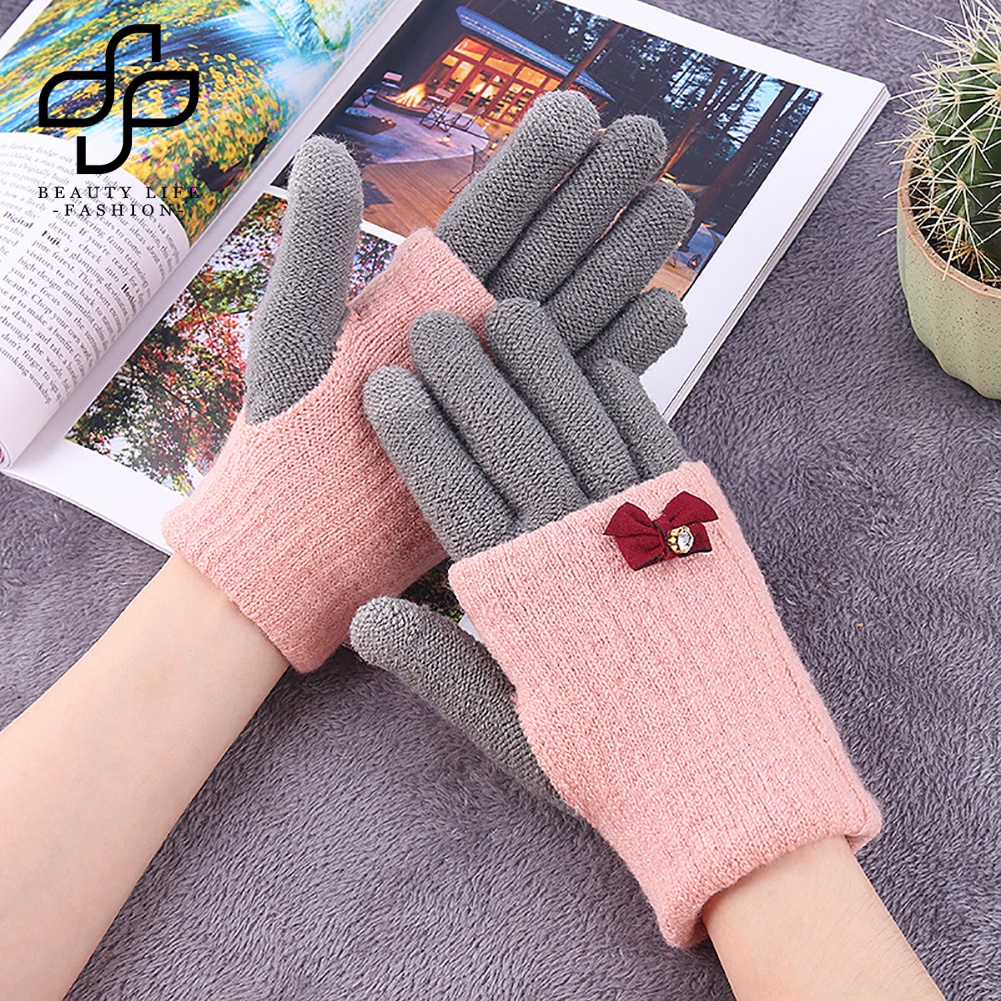 Đôi Găng Tay Len Hở Ngón Gắn Nơ Có Thể Dùng Màn Hình Cảm Ứng Thời Trang Cho Nữ