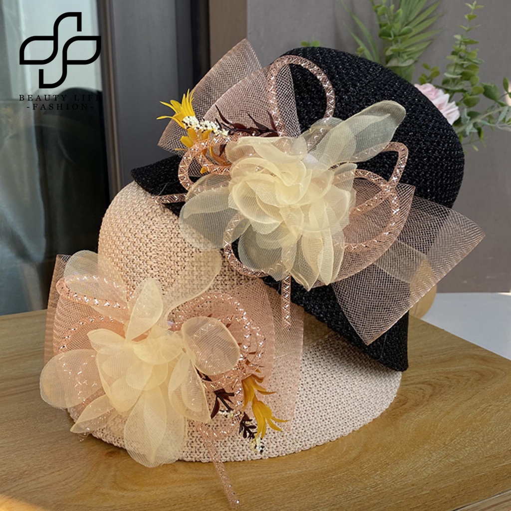 Nón Vành Tròn Phối Lưới Họa Tiết Hoa Thời Trang Mùa Hè Cho Nữ