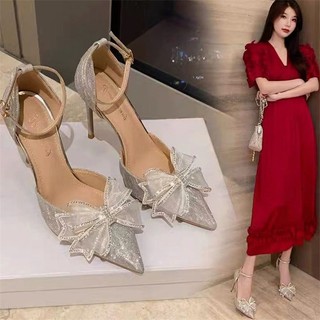 Giày Cao Gót Đính Pha Lê Giày cao gót nơ Màu Bạc Thời Trang Mới 2023 7CM Giày cao gót nhọn