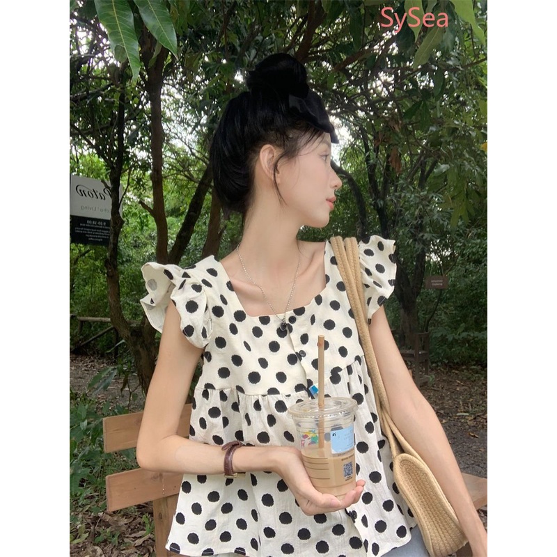 Áo Kiểu Tay Phồng Cổ Vuông Họa Tiết Chấm Bi Phong Cách Pháp