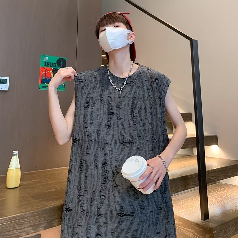 Áo Thun Sát Nách Dáng Rộng Phối Rách Cá Tính Cho Nam