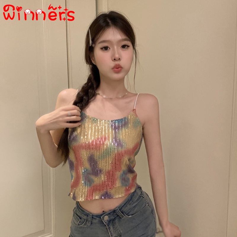 Áo Hai Dây Ngắn Lưng Đính Kim Sa Lấp Lánh Màu gradient Phong Cách Hàn Quốc Quyến Rũ